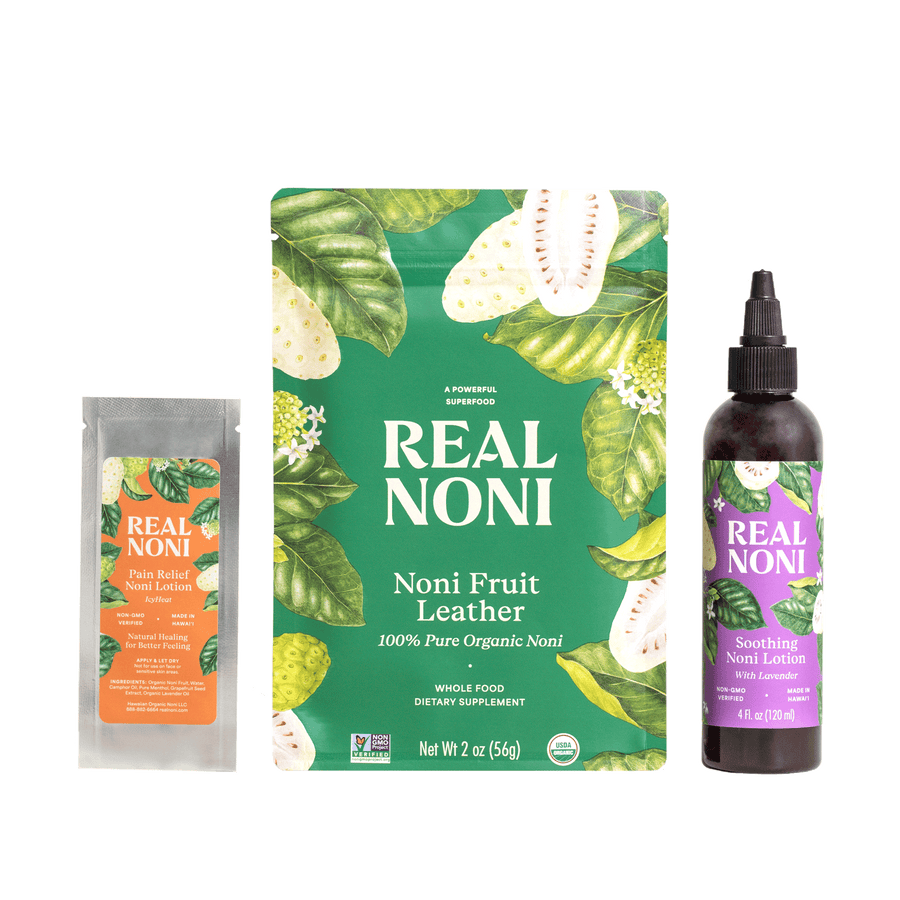 New to Noni Skin Relief Kit with package of Noni Fruit Leather 100% pure organic hawaiian noni, bottle of Soothing Noni Lotion with Lavender and packet of Pain Relief Noni Lotion IcyHeat.
